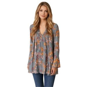 Free People So Fine Oversized Blue Gray Floral Top Size XS